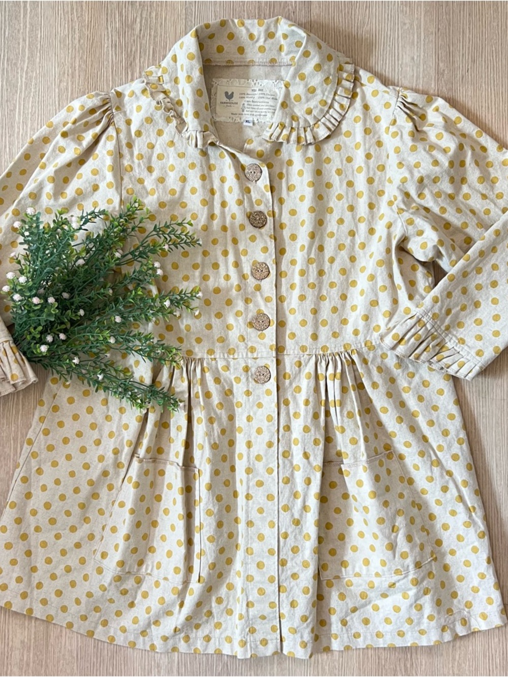 XL Farmhouse Frocks Cottagecore Cotton Polka Dot Frilly Pleated Feminine Shacket